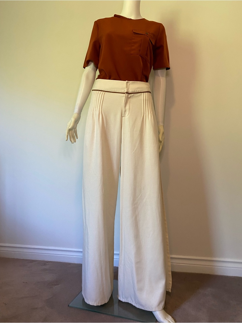 High-Waist Cream Wide-Leg Trousers with Pleat Details